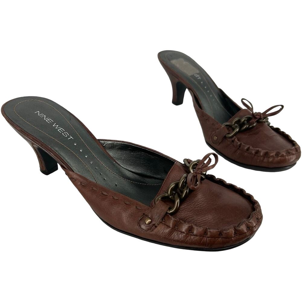 VTG y2k Womens Brown Nine West Leather Buckle Chain Mule Kitten Heel Pumps 8.5M